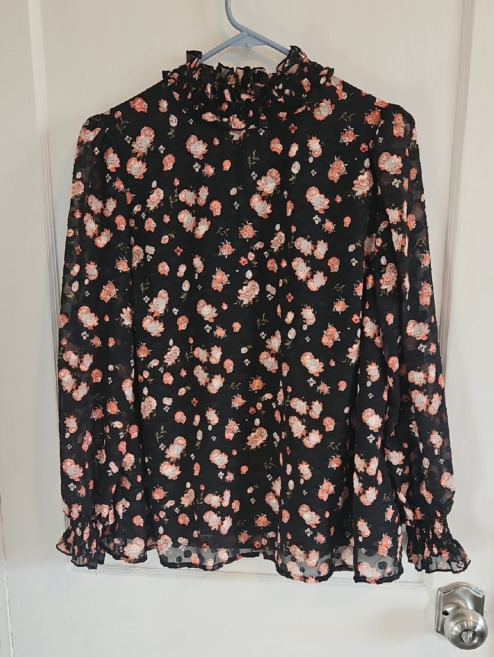 A Love Story Black Floral Ruffle-Neck Blouse - Women's Top